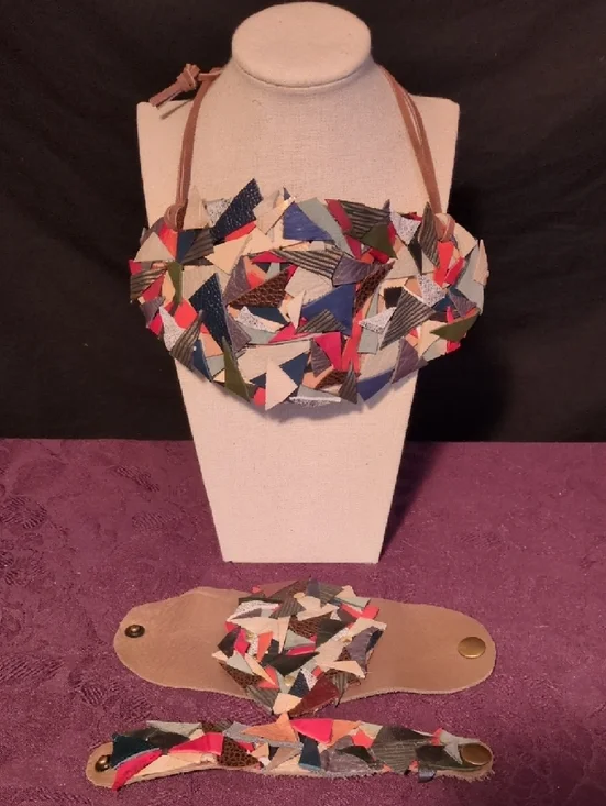 Artisan Handmade Patchwork Leather Necklace and 2 Bracelets Set Multicolored - Picture 3 of 11